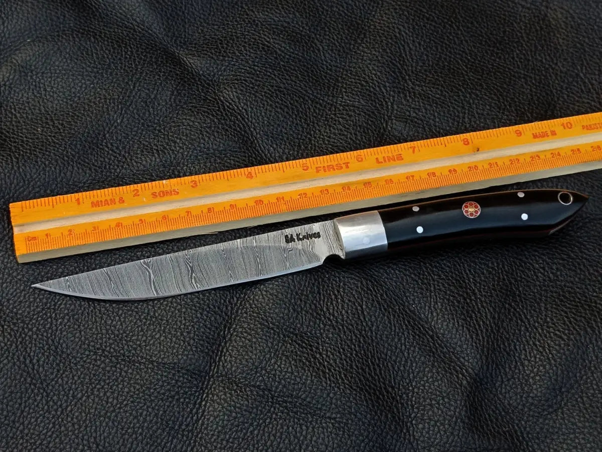 Damascus Steel Bird and Trout Knife with Bull Horn Handle and Black Finish