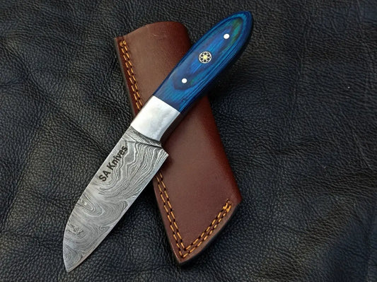 Damascus steel Blue & Grey Skinning Knife SAK003 with a stylish blue handle