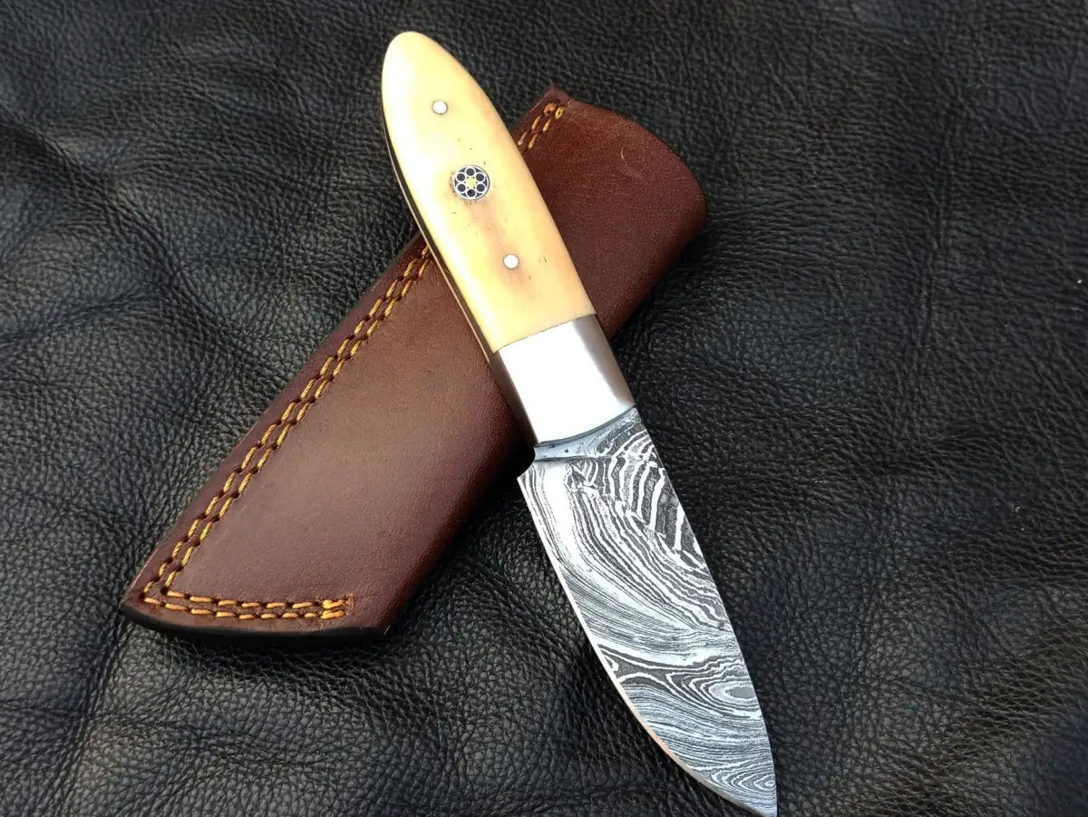 Damascus steel Camel Bone Skinning Knife SAK004 with bone handle and leather sheath