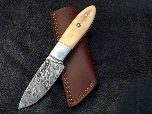 Damascus steel Camel Bone Skinning Knife SAK004 with a stylish bone handle