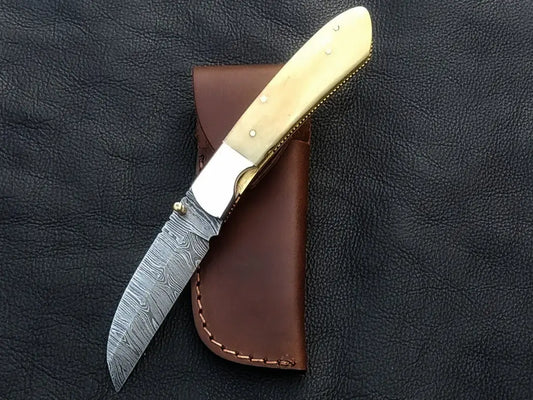 Handmade Damascus Steel Folding Knife with Bone Handle - C165, elegant craftsmanship