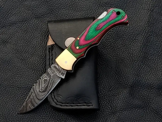 Handmade Damascus Steel Folding Knife with colorful wood handle - SAF003