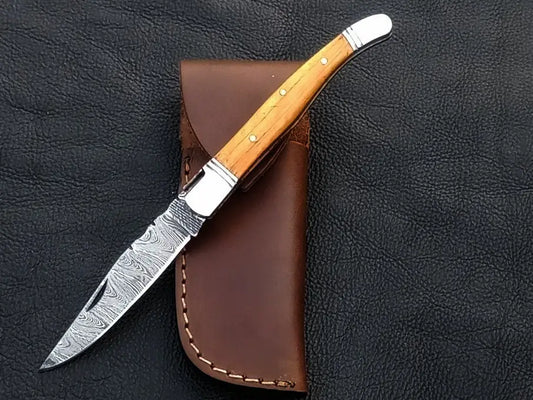 Handmade Damascus Steel Folding Knife - C161 showcasing intricate blade design