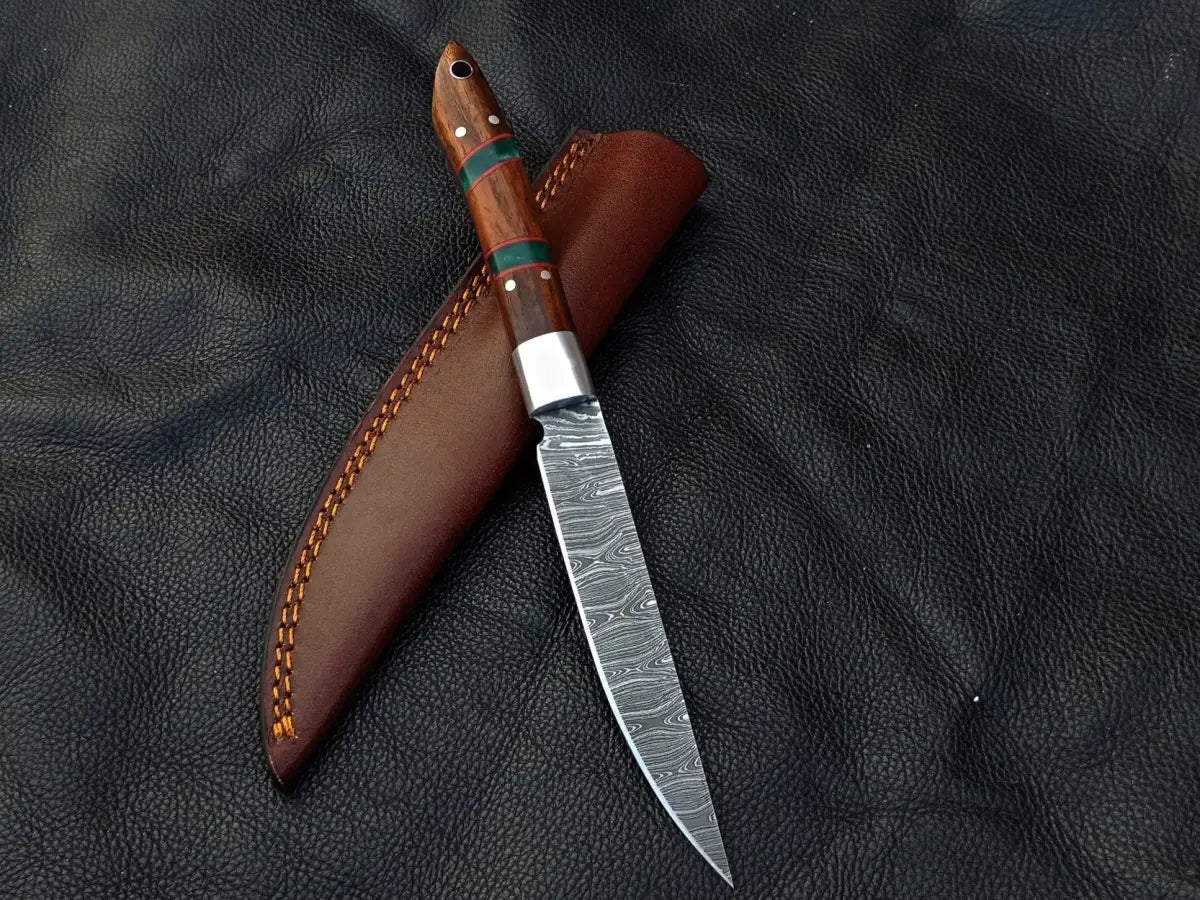 Damascus Steel Bird and Trout Knife with Leather Sheath and Rosewood Epoxy Handle