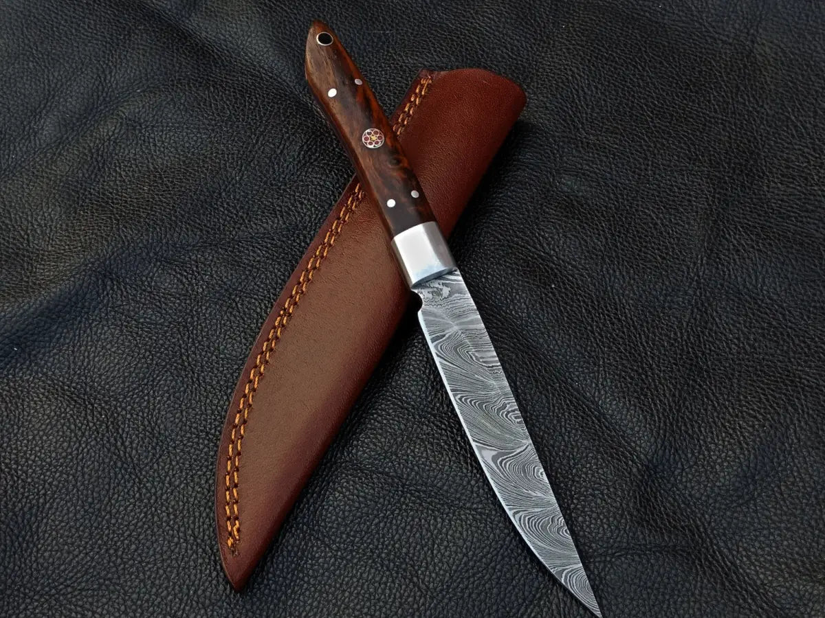 Damascus steel bird trout knife rosewood with leather sheath for outdoor fishing