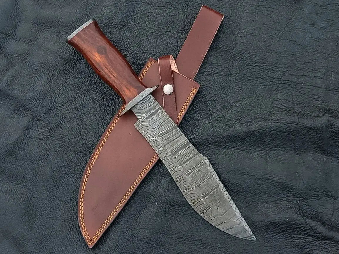 Handmade Damascus Steel Bowie Knife SAB007 with leather sheath for collectors and chefs