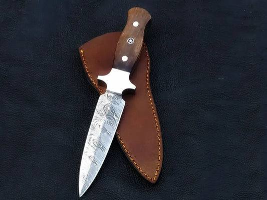Handmade Damascus Steel Dagger-C116 with leather sheath and intricate blade design