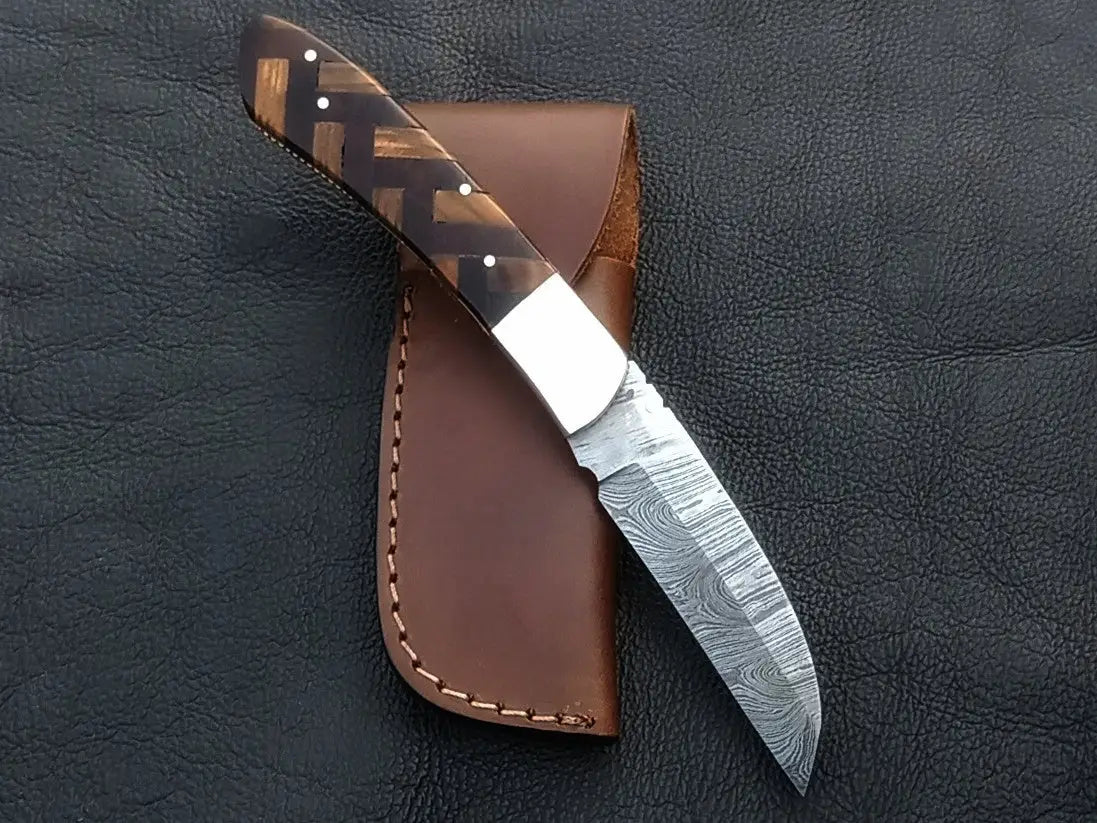 Handmade Damascus Steel Folding Knife with leather sheath, model C167