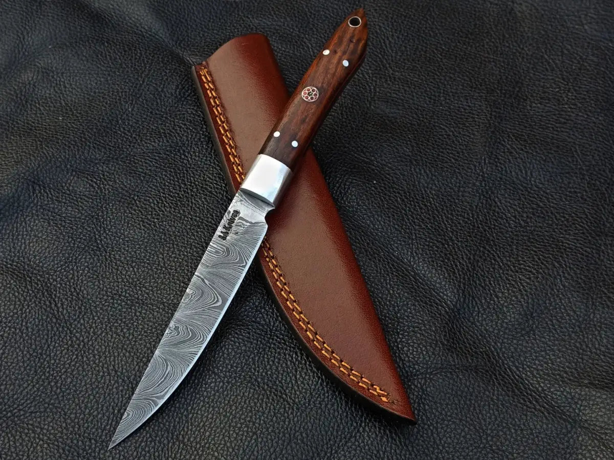 Damascus steel bird trout knife with rosewood handle and leather sheath