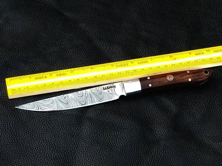 Damascus steel bird and trout knife with rosewood handle for outdoor adventures