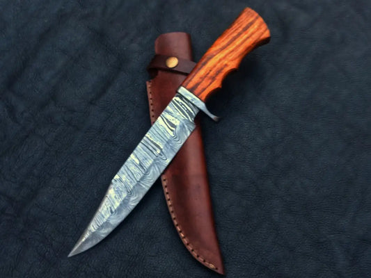 Handmade Damascus Steel Bowie knife with wooden handle and leather sheath
