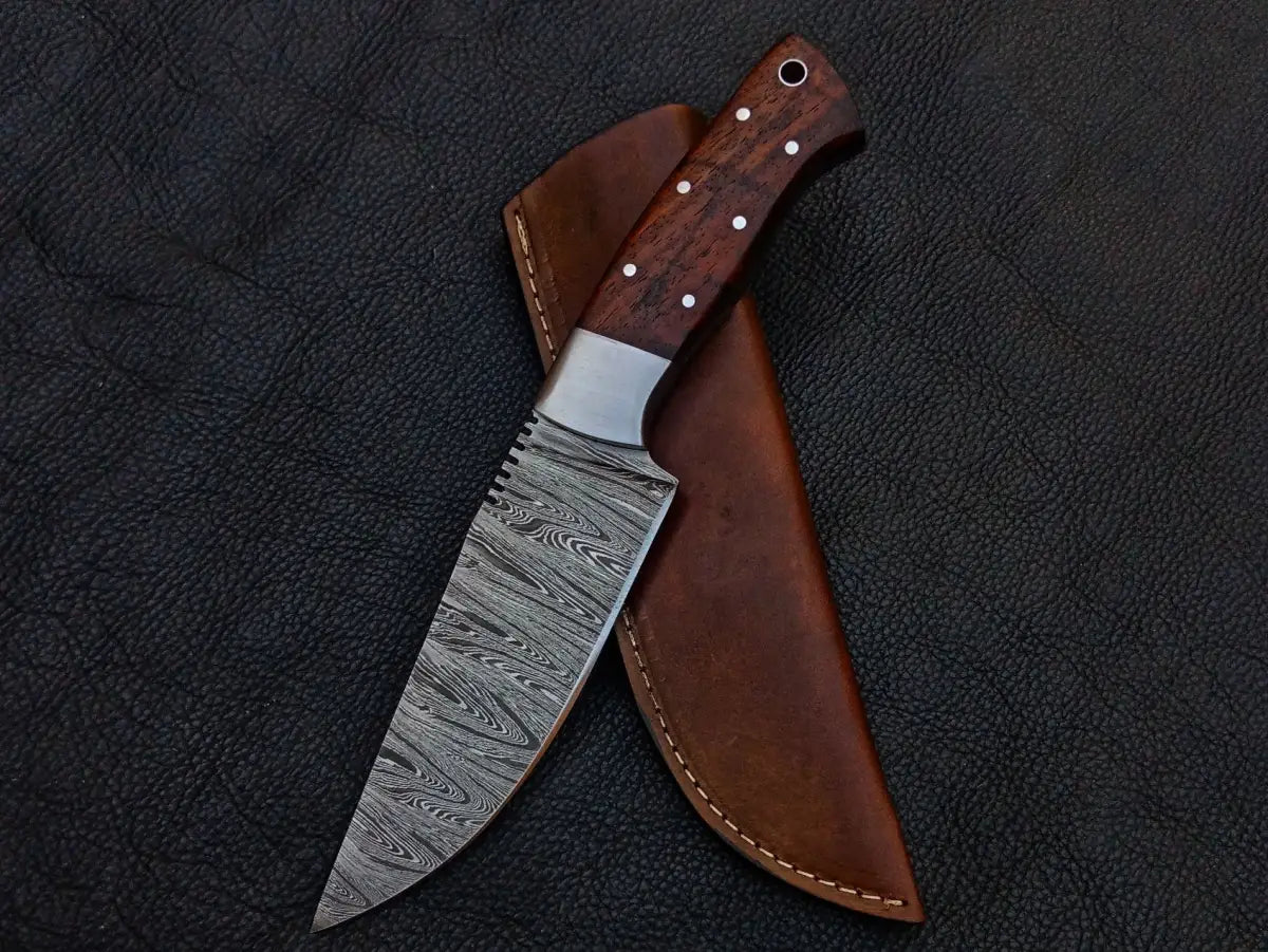 Handmade Damascus Steel Knife with Wooden Handle and Leather Sheath C249