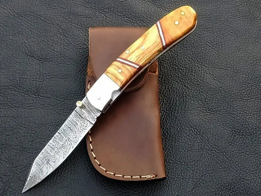 Handmade Damascus Steel Folding Knife with a beautiful wooden handle C171 design