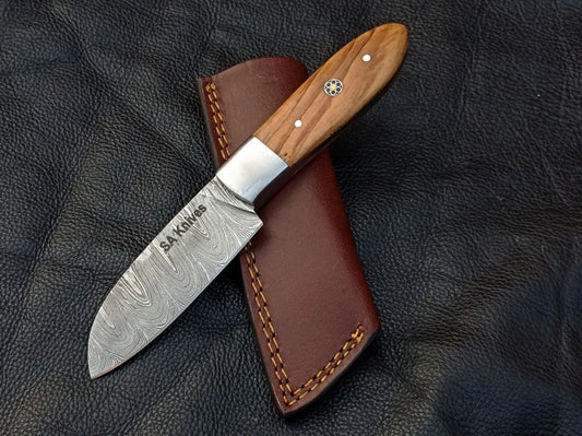 Damascus steel Olive Wood Skinning Knife SAK005 with wooden handle and leather sheath