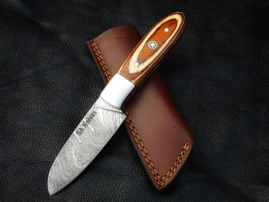 Damascus steel white skinning knife SAK001 with wooden handle and leather sheath