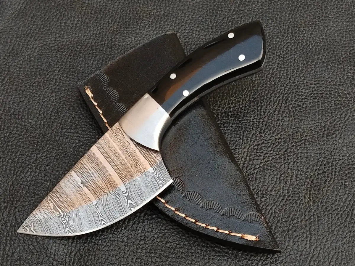 HUNTING MINI KNIFE BLACK HORN HANDLE WITH DAMASCUS STEEL BLADE SA118-B - Damascus hunting knife