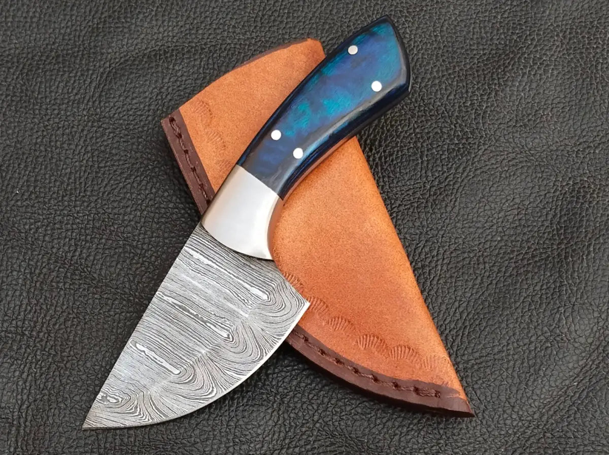 HUNTING MINI KNIFE BLUE & GREY HORN HANDLE WITH DAMASCUS STEEL BLADE SA119-B - Damascus Steel Hunting Knife