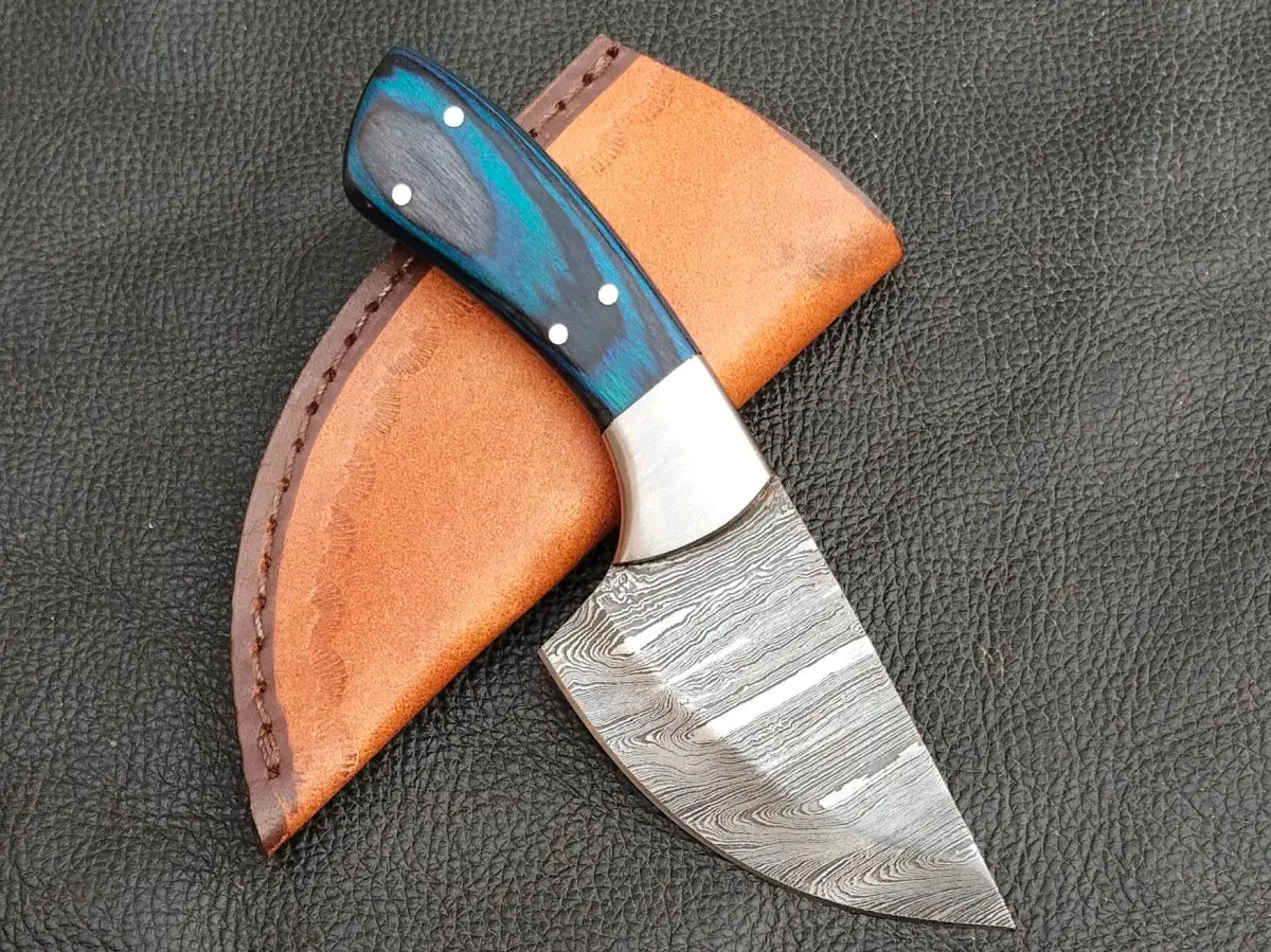HUNTING MINI KNIFE BLUE & GREY HORN HANDLE WITH DAMASCUS STEEL BLADE SA119-B - Damascus Steel Hunting Knife