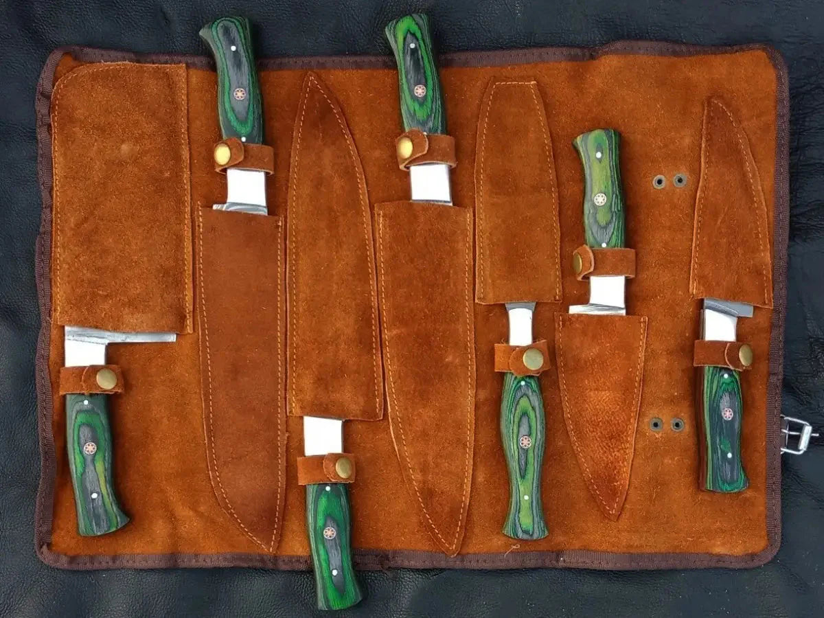 Set of Handmade Damascus Steel kitchen cutlery knives in a leather roll