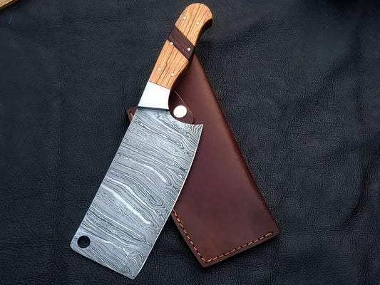 Handmade Damascus Steel Chef’s Cleaver-C124 with leather sheath and intricate patterns