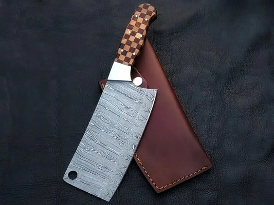 Handmade Damascus Steel Chef’s Cleaver-C128 with leather sheath
