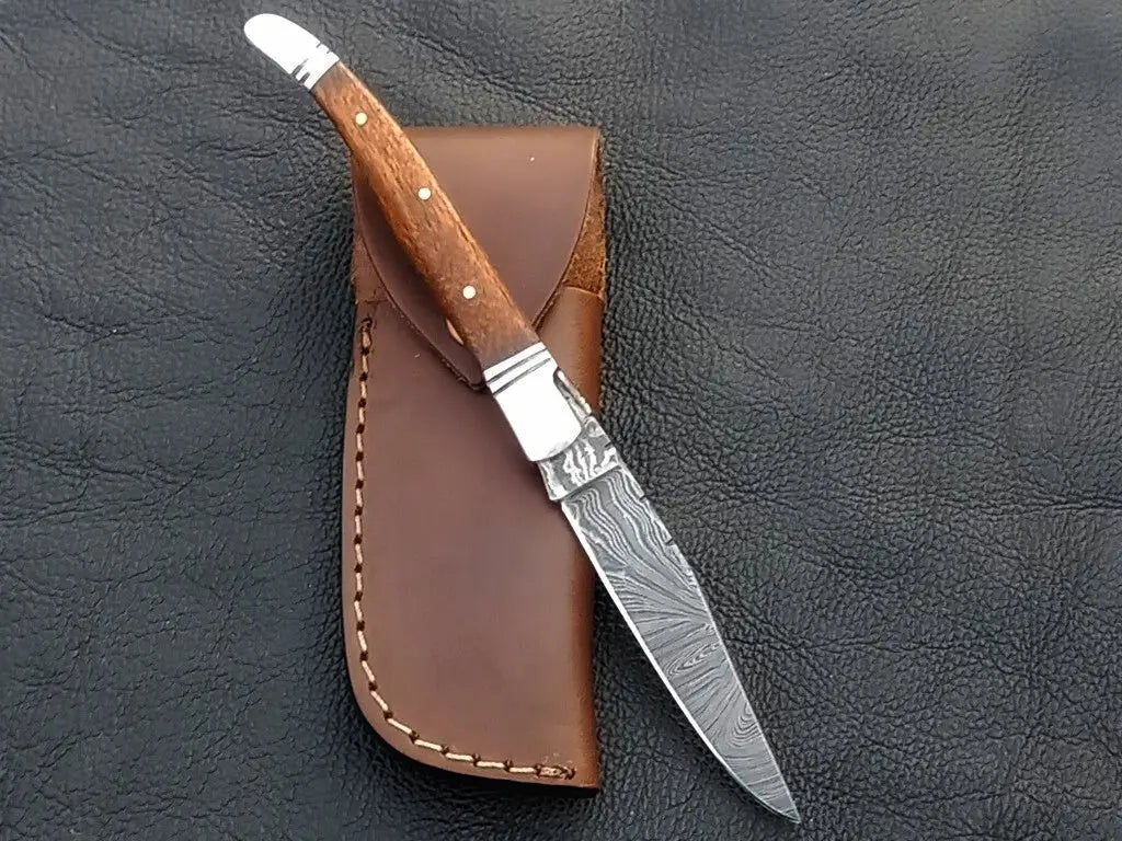 Handmade Damascus Steel Folding Knife with Leather Sheath - C163