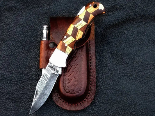 Handmade Damascus steel folding knife with leather sheath - Handmade Damascus Steel Folding Knife-C87.