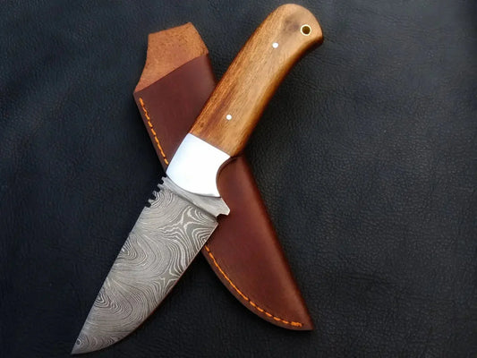 Handmade Damascus Steel Skinning Knife with Leather Sheath - C26