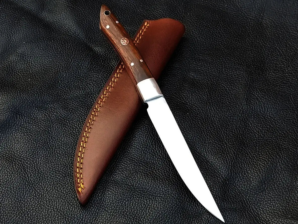 Stainless Steel Bird and Trout Knife Rosewood with leather sheath for outdoor use