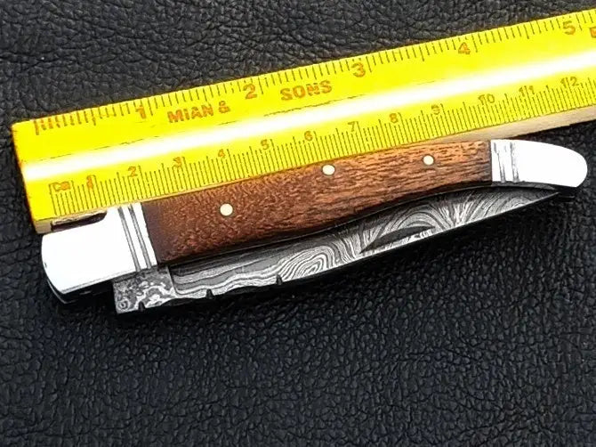 Handmade Damascus Steel Folding Knife with Ruler - C163