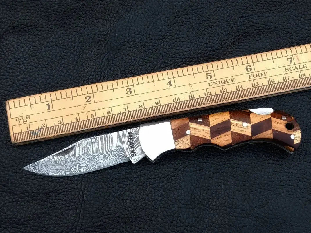 Handmade Damascus Steel Folding Knife-C87 with ruler