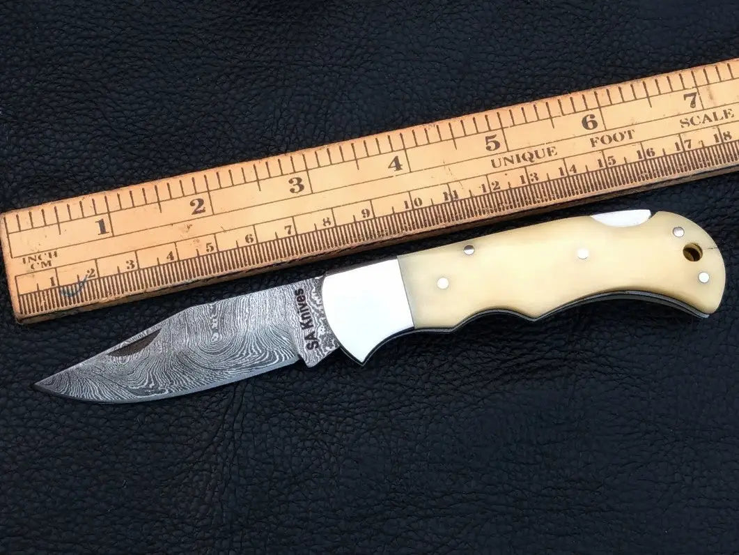 Handmade Damascus Steel Folding Knife-C89 with ruler on blade