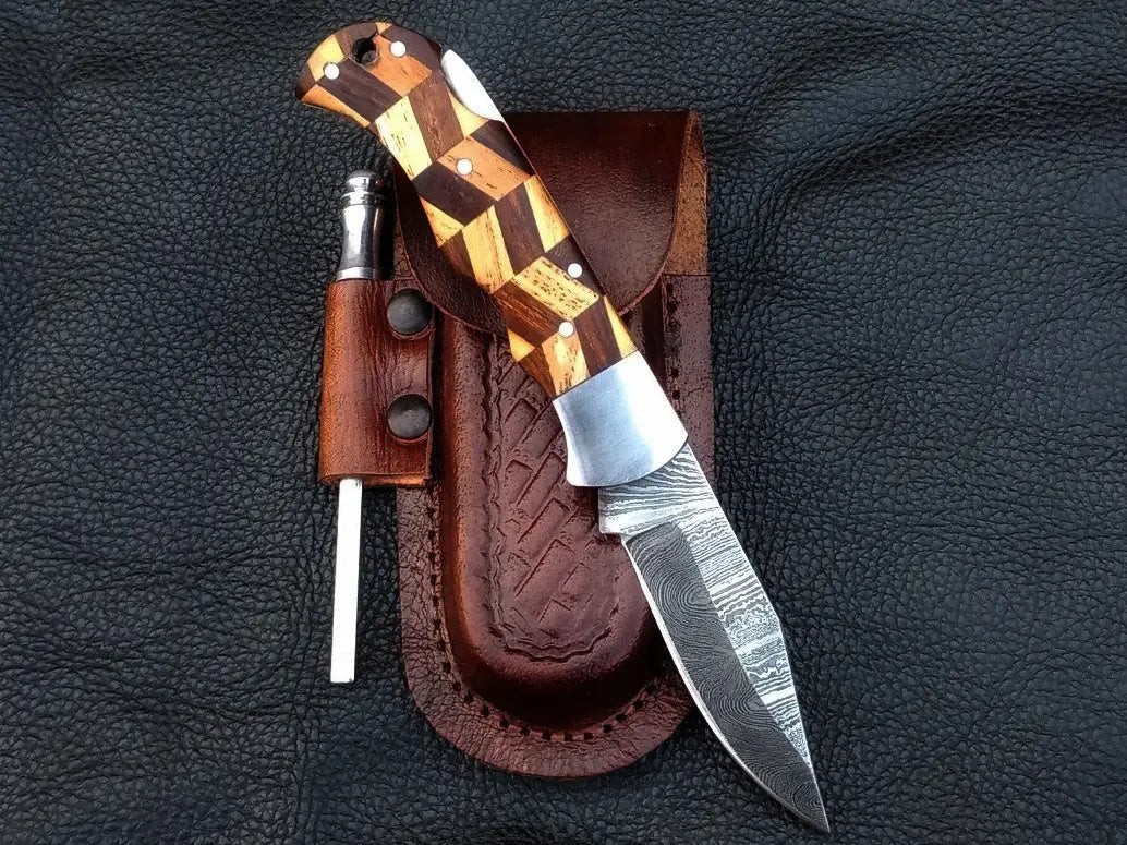 Handmade damascus steel folding knife with sheath - Handmade Damascus Steel Folding Knife-C87