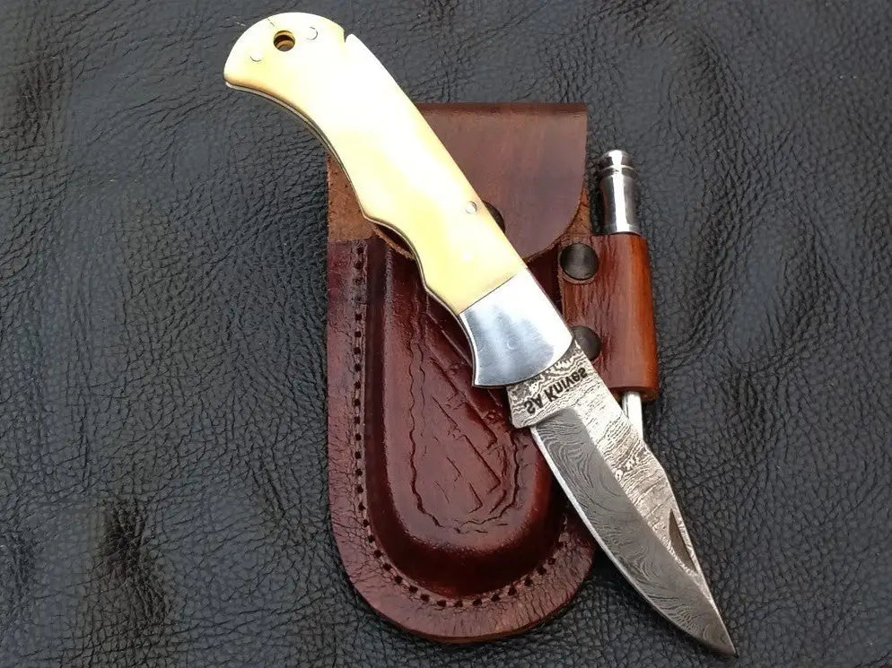 Handmade Damascus Steel Folding Knife with Sheath - C89