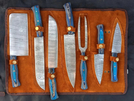 Handmade Damascus Steel Chef’s Kitchen Cutlery Set-SA50- Blue Grey - Set