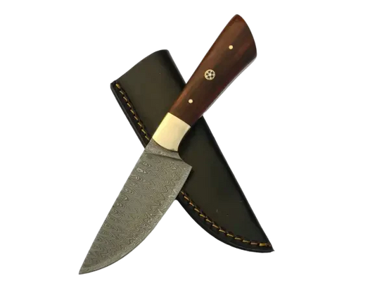 Handmade Damascus Steel Hunting Knife with Wooden Handle and Leather Sheath
