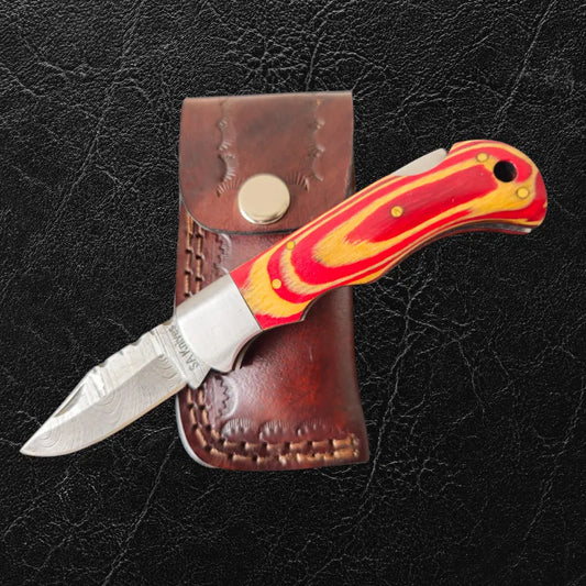 Limited Edition Damascus Steel Folding Knife- Burgundy - Knife