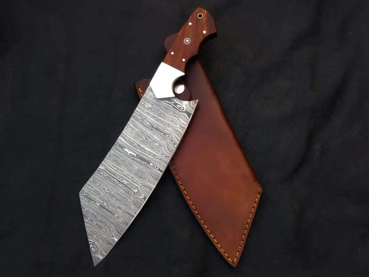 Handmade Damascus steel chefs cleaver with leather sheath - C111