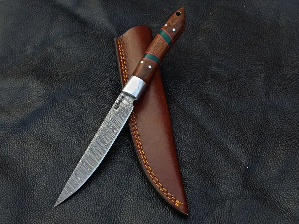 Damascus Steel Bird and Trout Knife Rosewood Epoxy