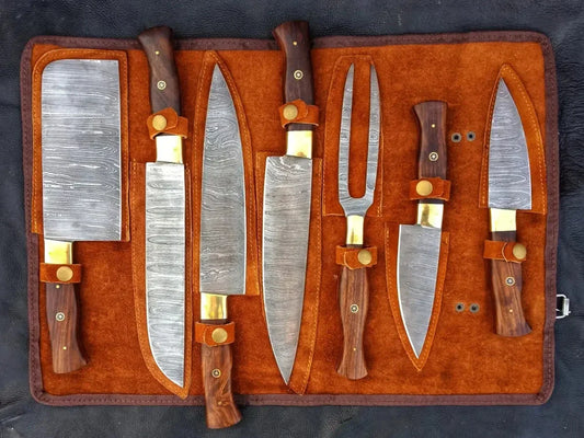 Handmade Damascus Steel Chef’s Kitchen Cutlery Set in Leather Case