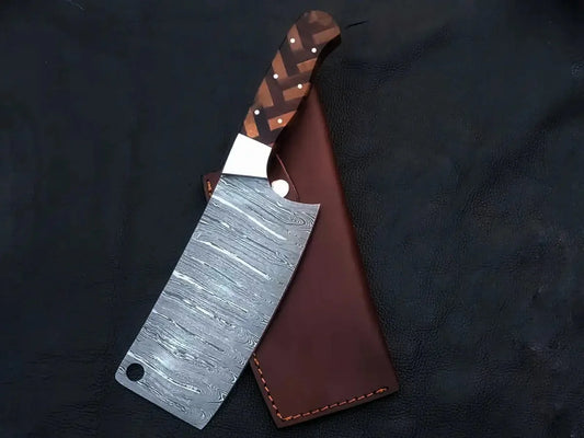 Handmade Damascus Steel Chef’s Cleaver with patterned blade and decorative handle sheath