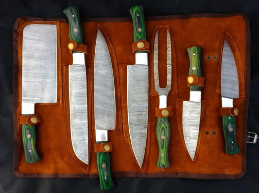 Set of Handmade Damascus Steel Kitchen Cutlery with Green Handles for Chefs