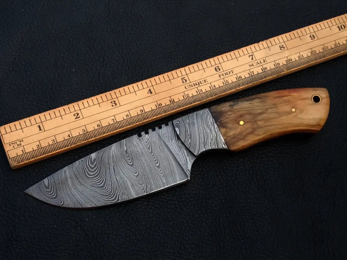 Handmade Damascus Steel Knife with Wooden Handle and Ruler