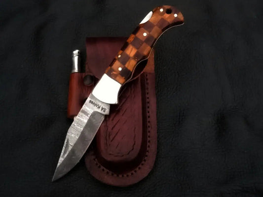 Handmade Damascus steel folding knife with sheath