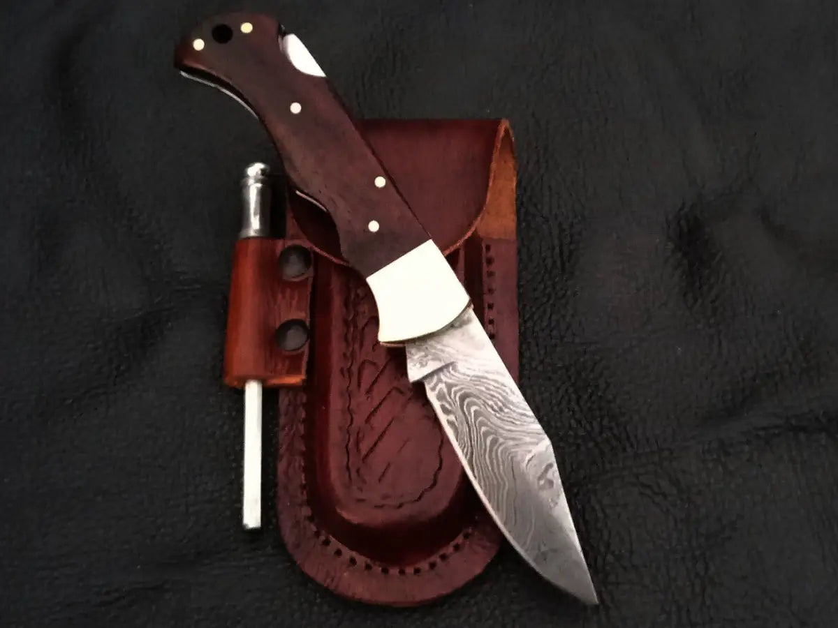 Damascus steel folding knife with sheath - C90