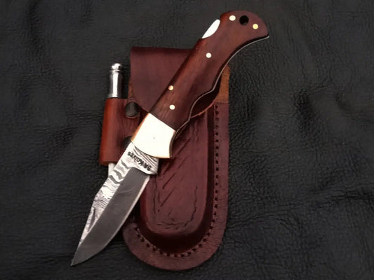 Damascus Steel Folding Knife with Leather Sheath - C90
