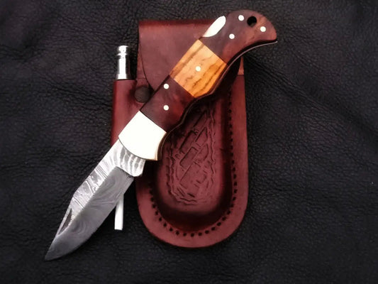 Damascus steel folding knife with sheath - C91