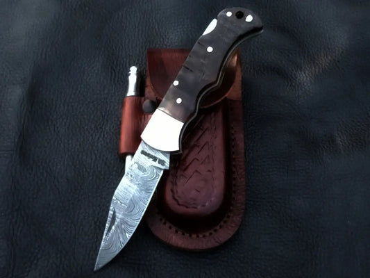 Handmade Damascus Steel Folding Knife with Leather Sheath