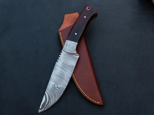 Handmade Damascus Steel Hunting Knife with Leather Sheath - C30