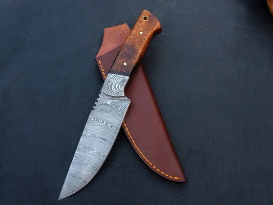 Handmade Damascus Steel Hunting Knife with Leather Sheath - C31